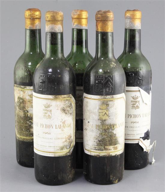 Five bottles of Chateau Pichon Lalande, Pauillac, 1961.